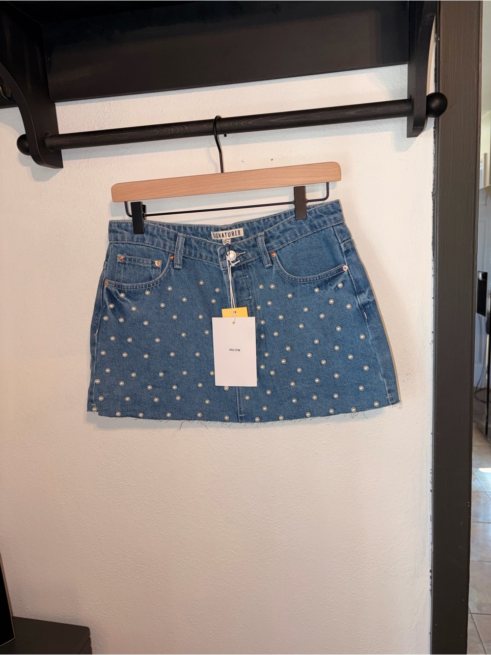 Pearl-Embellished Denim Mini Skirt